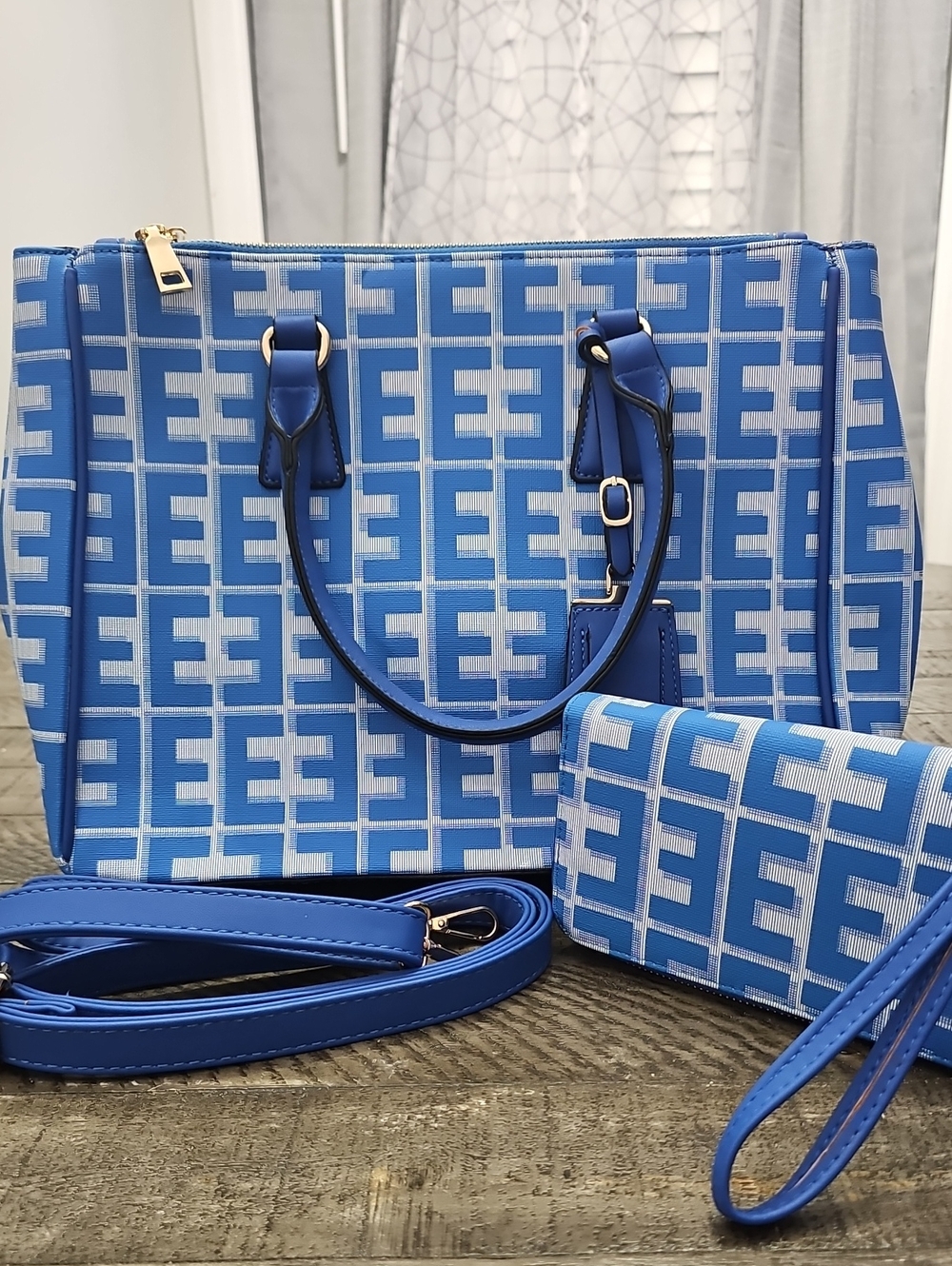 Blue Logo-Print Tote and Wallet Set